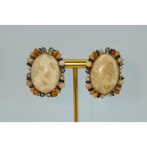 Vintage CHIPITA‎ Stud Earrings Oval Jasper Onyx Gemstones Embellished Border